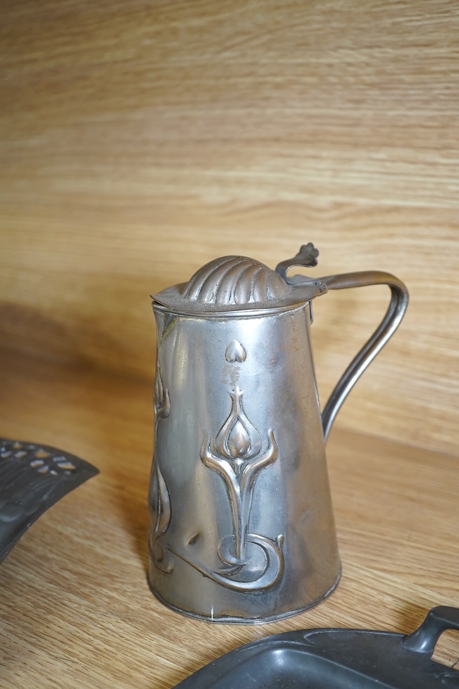 Art Nouveau English and Continental pewter, including a tray dish inkwell plate, etc., dish 30cm diameter (17). Condition - variable fair to good